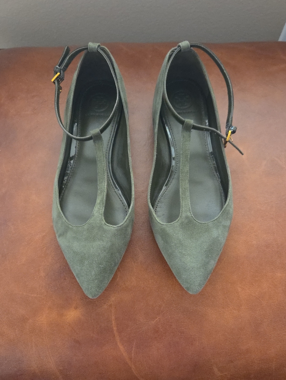 Tory Burch Ashton T-Strap Flats, Olive Green, Size 8M